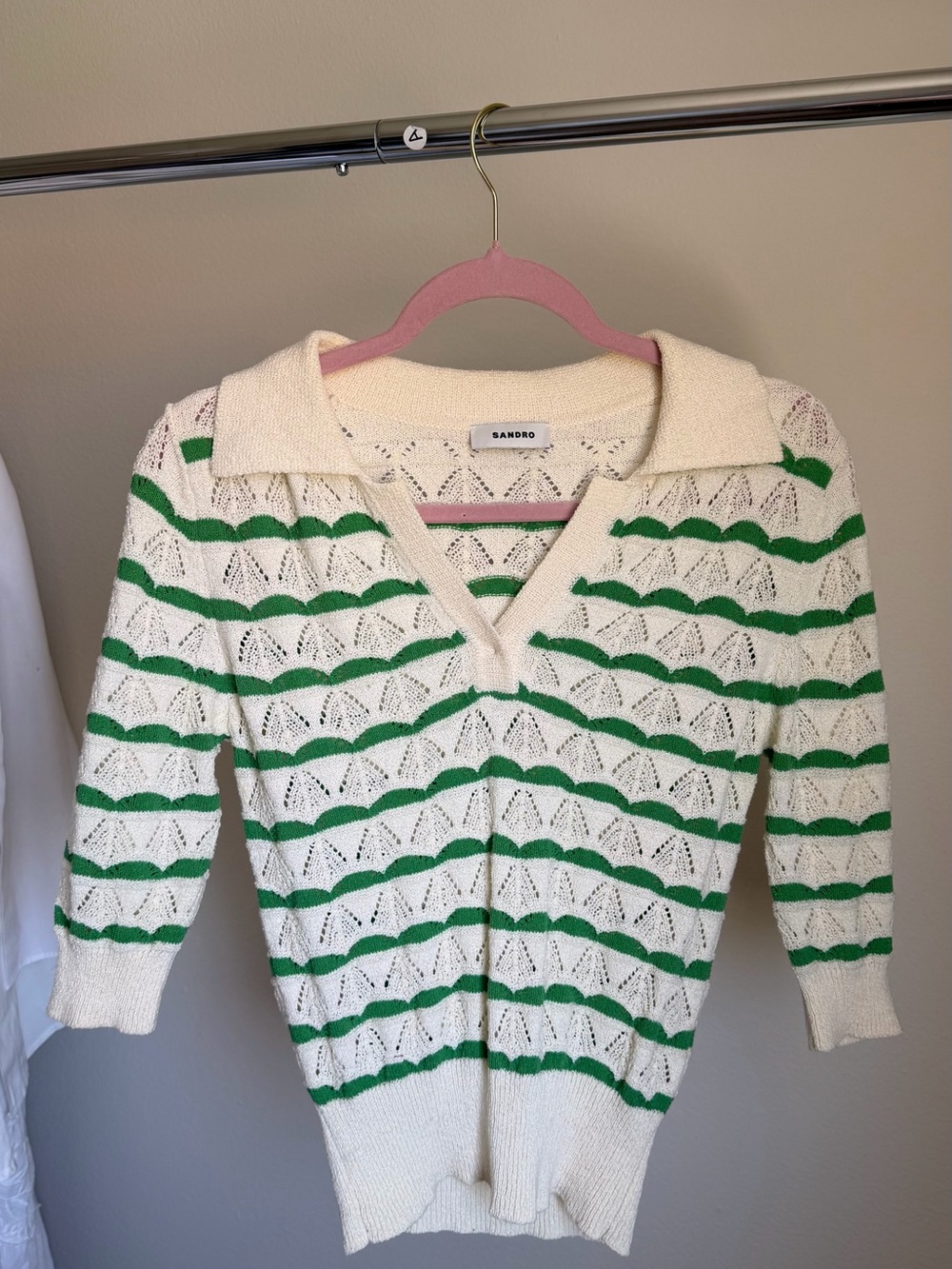 Sandro Paris Pointelle Knit Polo Sweater – Green & Ivory Striped – Size 1 - Picture 5 of 6